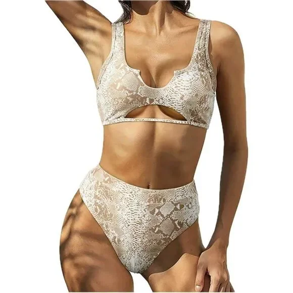 NWT Large Two-Piece Sets Swimsuit Cut-Out Bra Style Padded Khaki - Picture 1 of 9